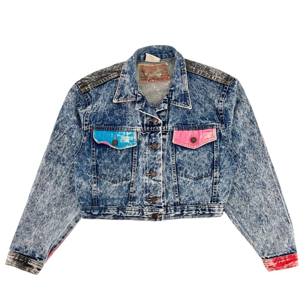 80s Cropped New Wave Acid Wash Jean Jacket Neon Color Block 1980s Vintage